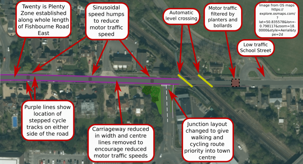 Fishbourne Road East ChiCycle solution based on OS aerial map